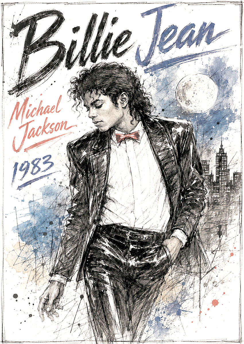 Detailed sketch-style illustration of Michael Jackson for Billie Jean 1983 with city silhouette and moon background